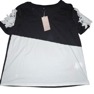 Emery Rose Women’s Short Sleeve Top Black White Lace Sleeve Detail Size Lg NWT